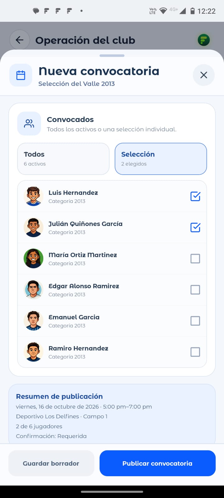 Convocatoria con selección de jugadores
