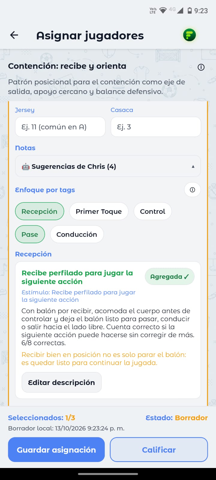 Asignación de jugadores y planificación técnica con enfoques por tags, estímulos y criterios observables